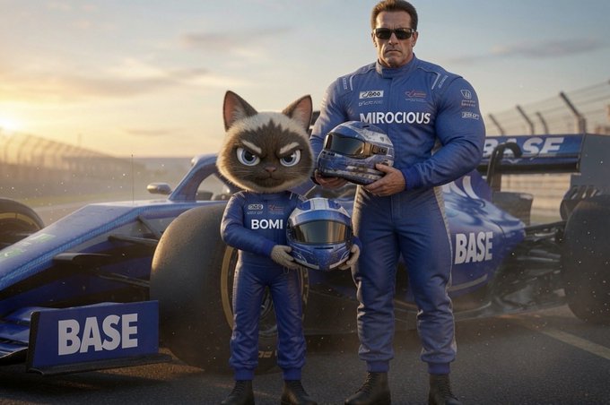 A surreal AI-generated image showing a human race car driver in a blue racing suit with 'MIROCIOUS' text standing next to an anthropomorphic grumpy cat character named 'BOMI' in matching racing gear, with a blue 'BASE' branded race car behind them.