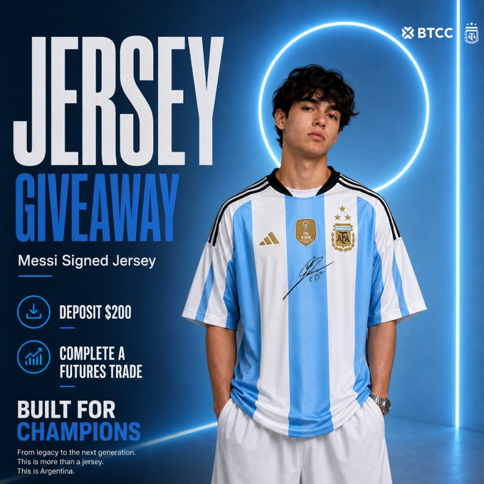 Promotional graphic for a 'Jersey Giveaway' featuring a Messi Signed Argentina jersey, with BTCC branding, requiring a $200 deposit and a futures trade.
