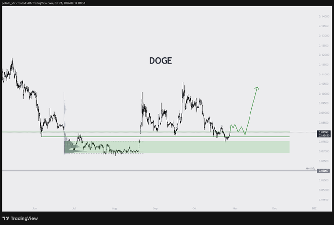 A TradingView DOGE/USD chart shows the asset rebounding from a highlighted green support or “old value area” near the $0.070–$0.073 range, with a projected green zigzag toward roughly $0.095. The chart supports the post’s claim of strong buying and an attractive high-timeframe spot-allocation zone.
