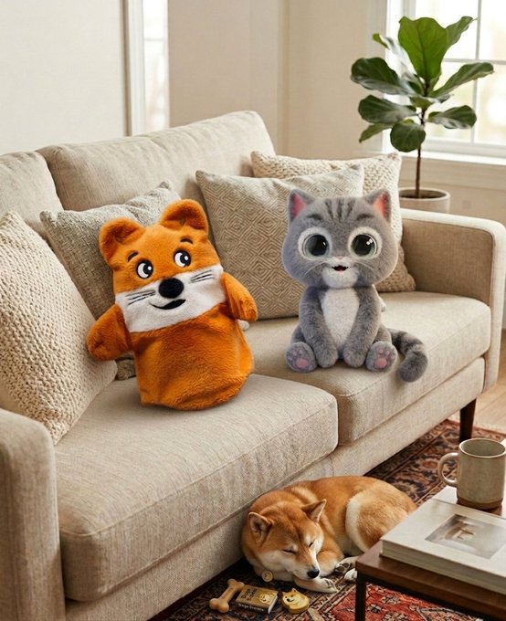 The image features two stuffed animals - a cat and a dog - sitting on a beige couch with pillows. The cat appears to have woken up from its slumber, while the dog seems to be sleeping peacefully. A coffee cup is placed nearby, suggesting that someone might have been enjoying their morning coffee in this cozy setting.