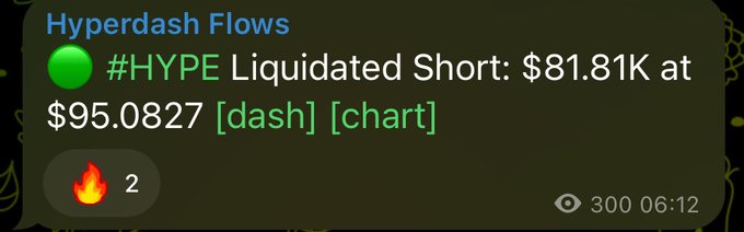 A notification from "Hyperdash Flows" stating "#HYPE Liquidated Short: $81.81K at $95.0827 [dash] [chart]" with 300 views.