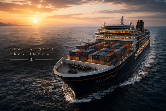 A massive cargo ship named "ETHRASHIP" sails across the ocean at sunset, carrying stacked shipping containers on its deck. The image features the tagline "REAL ASSETS, REAL IMPACT" alongside an anchor symbol, visually reinforcing the post's theme of applying blockchain technology to real-world industries like maritime shipping.