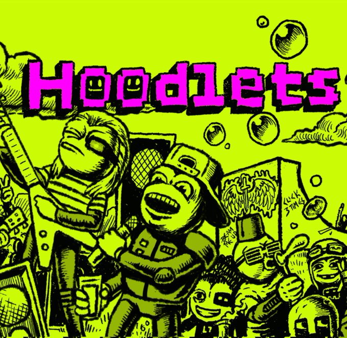A vibrant yellow and black illustrated banner featuring the pixelated title "Hoodlets" at the top, depicting a cartoon scene of character figures, floating orbs, and graffiti-tagged walls. The artwork aligns with the post announcing the live mint for the Hoodlets GTD collection, as promoted via the OpenSea link.