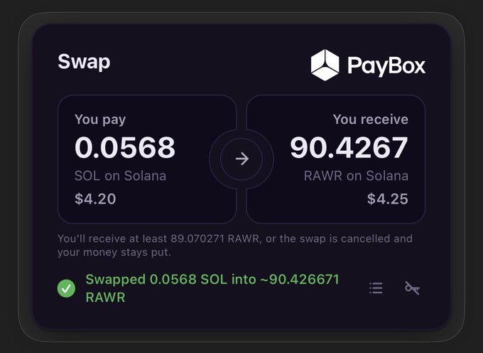 A PayBox crypto swap interface showing a successful transaction of 0.0568 SOL exchanged for ~90.426671 RAWR on Solana, with a green checkmark confirming 'Swapped 0.0568 SOL into ~90.426671 RAWR'.