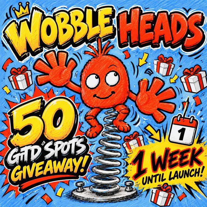 A colorful promotional graphic for 'Wobble Heads' featuring a cartoon character on a spring, advertising a '50 Gift Spots Giveaway!' with '1 Week Until Launch!'
