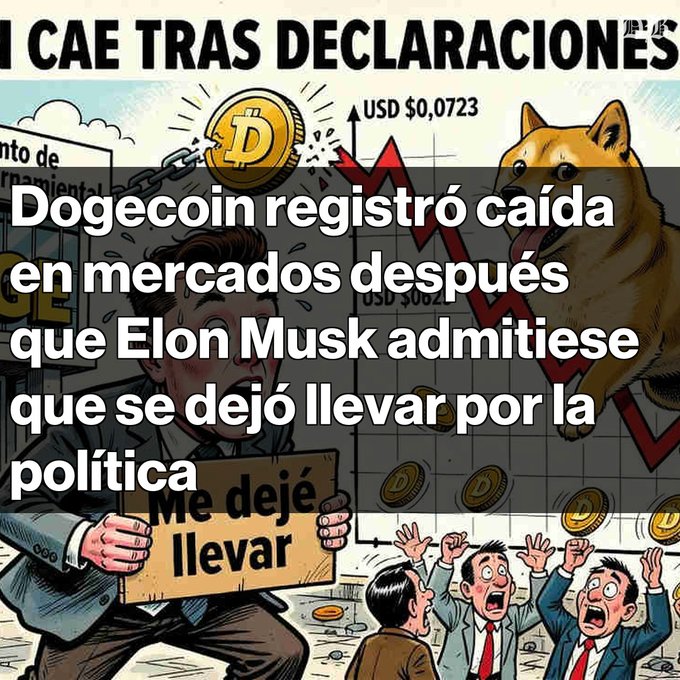 A Spanish-language infographic about Dogecoin falling in markets after Elon Musk admitted to being 'carried away' (Me dejé llevar) by politics, featuring a cartoon Musk holding a sign, a falling Dogecoin graph, and a Shiba Inu dog.