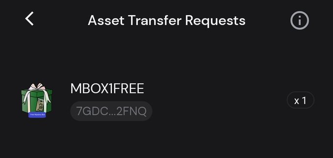 A mobile app screenshot titled 'Asset Transfer Requests' showing a single transfer request labeled 'MBOX1FREE' with a quantity of 'x 1'.