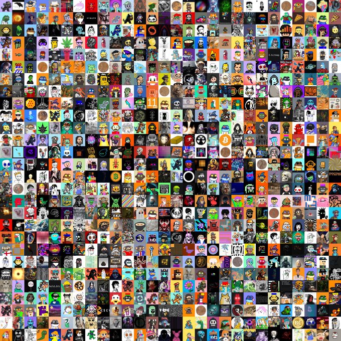 A dense mosaic grid composed of hundreds of small NFT-style profile pictures (PFPs) featuring various characters, animals, robots, and pixel art in a colorful checkerboard layout.
