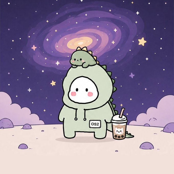 A cute character in a green dinosaur costume with a matching tiny dinosaur on its head holds a bubble tea cup on a moon-like surface beneath a swirling purple galaxy. The tag on the costume reads "OS2," connecting to the Gloobiverse/OpenSea theme of the post about keeping the creative mission going.