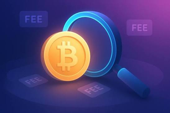 An illustration of a gold Bitcoin coin under a magnifying glass, surrounded by translucent 'FEE' labels on a purple and blue gradient background.