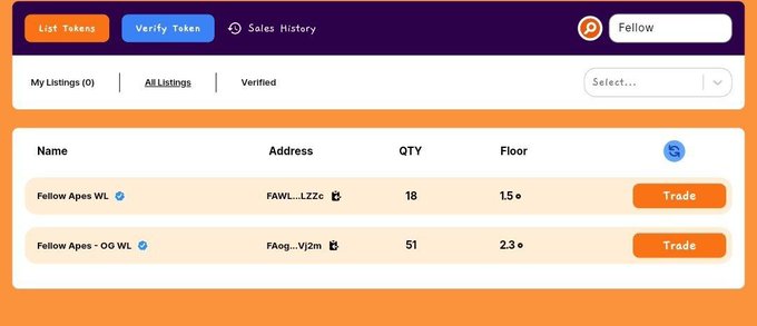 This is a screenshot of a cryptocurrency token listing platform showing two "Fellow Apes" tokens—Fellow Apes WL (address: FAWL...LZzc) with 18 quantity at a 1.5 floor price, and Fellow Apes - OG WL (address: FAog...Vi2m) with 51 quantity at a 2.3 floor price—with "List Token," "Verify Token," and "Sales History" tabs visible at the top.

The image appears to challenge viewers to identify the platform, which looks like a marketplace interface for trading or listing NFT tokens related to the "Fellow Apes" collection.