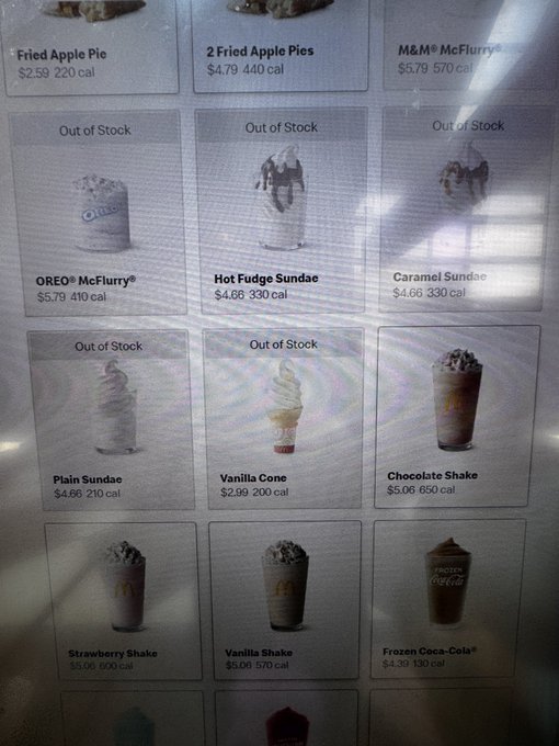 A McDonald's kiosk menu board showing various dessert items including Fried Apple Pie, McFlurry options, Hot Fudge Sundae, Plain Sundae, Vanilla Cone, and various milkshakes, with several items marked 'Out of Stock' and prices ranging from $2.59 to $5.79.
