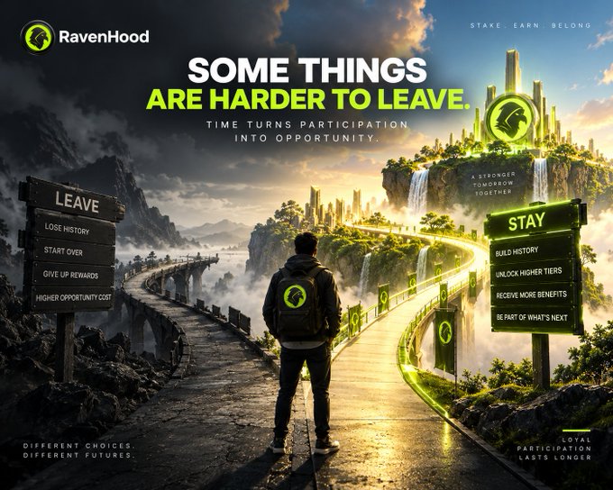 A promotional banner for 'RavenHood' with the tagline 'SOME THINGS ARE HARDER TO LEAVE' and 'TIME TURNS PARTICIPATION INTO OPPORTUNITY', contrasting a dark path labeled 'LEAVE' with a glowing path labeled 'STAY'.
