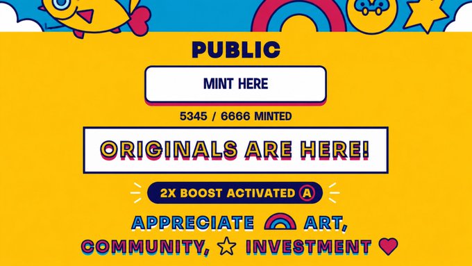 The image features a yellow banner that says "Public mint here" written in white text. The banner also includes a list of rewards for those who have activated their original account, which are listed below the banner. These rewards include a boost activation, exclusive NFT rewards, and the opportunity to join the movement appreciators.io.