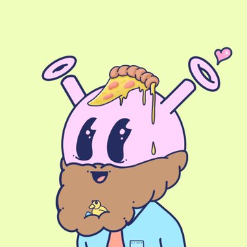 A cartoon character with a pink helmet containing a pizza, a halo, and a tiny yellow bird on its chest looks dejected, visually echoing the poster's tone of a sleepy, unfortunate NFT trader lamenting the loss of 15.2 WETH and hoping to offload four underperforming NFTs.