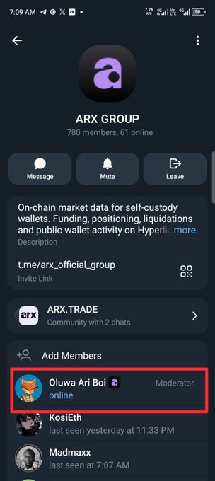 The image shows a Telegram group called "ARX GROUP" with 780 members (61 online), where "Oluwa Ari Boi" is highlighted as a Moderator with online status, alongside other members like KosiEth and Madmaxx. This relates to the post by celebrating the user's promotion to a paid moderator role within the ARX community.