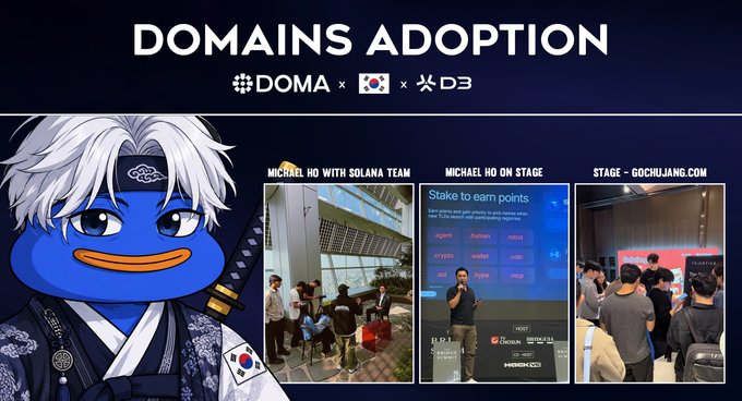 A promotional banner for 'DOMAINS ADOPTION' (DOMA x South Korea x D3), featuring an anime-style ninja mascot and three photos showing 'MICHAEL HO WITH SOLANA TEAM', 'MICHAEL HO ON STAGE', and 'STAGE - GOCHUJANG.COM'.
