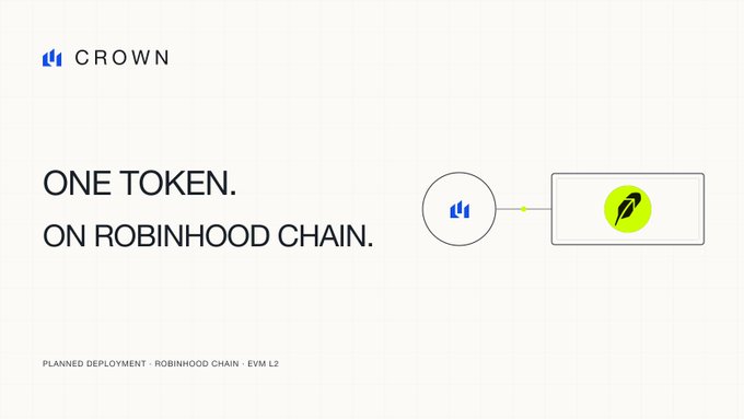 A promotional graphic for 'CROWN' token stating 'ONE TOKEN. ON ROBINHOOD CHAIN.' with text 'PLANNED DEPLOYMENT - ROBINHOOD CHAIN - EVM L2' and logos connecting to a feather icon.