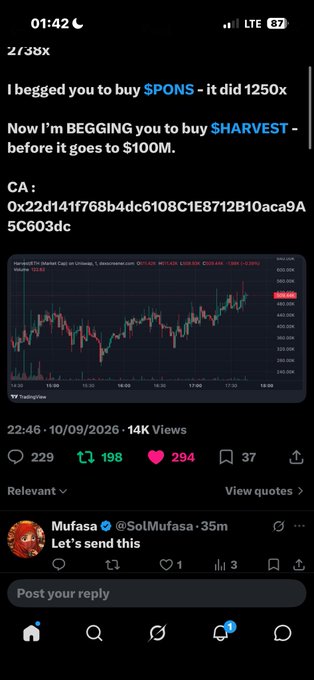 A Twitter/X post urging followers to buy the tokens "$PONS" (claiming a 1250x gain) and "$HARVEST" (predicting a $100M market cap), displaying the contract address 0x22d141f768b4dc6108C1E8712B10aca9A5C603dc alongside a TradingView chart of PONS/USDT. The accompanying post references a crypto wallet address and appears to be engaging with the post, seemingly suggesting sharing or promoting the token endorsement.