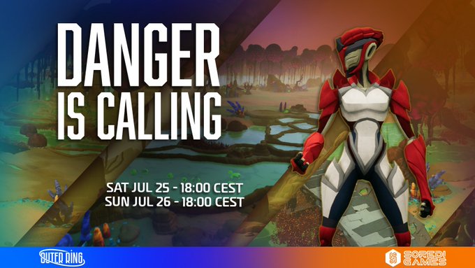 Promotional banner reading 'DANGER IS CALLING' with event dates 'SAT JUL 25 - 18:00 CEST' and 'SUN JUL 26 - 18:00 CEST', featuring a red and white armored character from the game Super Games.