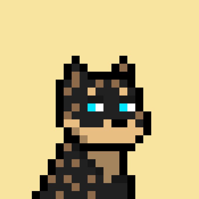 A pixel art character of a cat with black and brown fur and bright blue eyes on a solid yellow background.