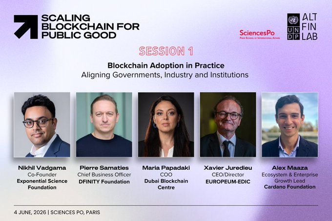 The image shows five people, including four men and one woman, standing next to each other with their heads facing forward. They are all wearing suits and have serious expressions as they pose for a photo. The background of the image has purple and white colors, which is consistent with the text "Scaling blockchain for public good".