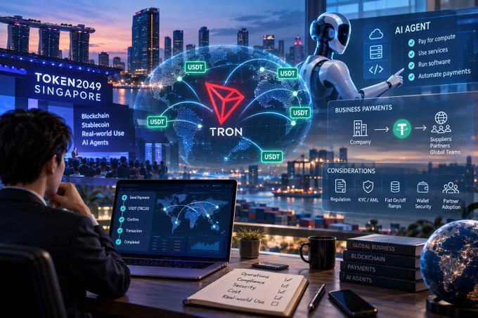 A digital illustration shows TRON blockchain technology at TOKEN2049 Singapore, featuring USDT transactions, AI agents, and business payment solutions.