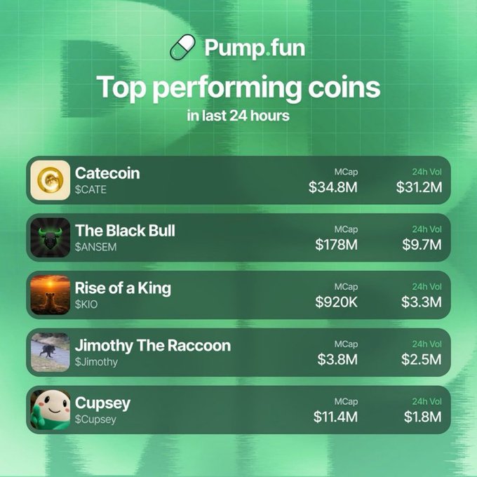 The image is a Pump.fun infographic titled "Top performing coins in last 24 hours," listing five tokens with their market caps and 24-hour volumes: CATE ($CATE, $34.8M MCap, $31.2M Vol) leading with the highest volume, followed by The Black Bull ($ANSEM), Rise of a King ($KIO), Jimothy The Raccoon ($Jimothy), and Cupsey ($Cupsey). It visually emphasizes $CATE's standout $31M trading volume mentioned in the caption.