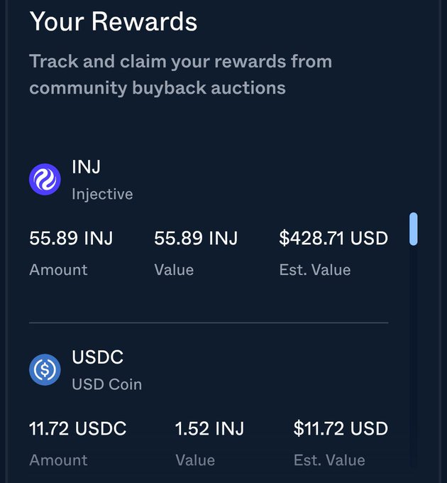 Mobile app screen titled 'Your Rewards' showing community buyback auction rewards: 55.89 INJ (~$428.71) and 11.72 USDC plus 1.52 INJ (~$11.72).