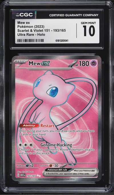 The image shows a CGC-graded Gem Mint 10 Mew ex Pokémon card (Scarlet & Violet 151 #193/165, Ultra Rare Holo) from 2023, featuring its "Restart" ability and "Genome Hacking" attack. The post expresses excitement about receiving this pristine card from MoonPay as a gift or giveaway.