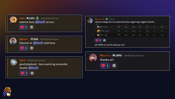 Screenshot of social media posts/replies in Filipino thanking user '@Smuff' for a masterclass and rug encounter, with engagement metrics shown.