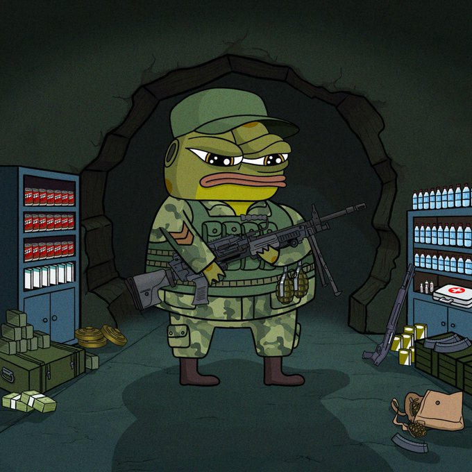 A cartoon depiction of the 'Pepe the Frog' meme character dressed as a soldier in camouflage, holding a rifle inside what appears to be an armory with shelves of ammunition.