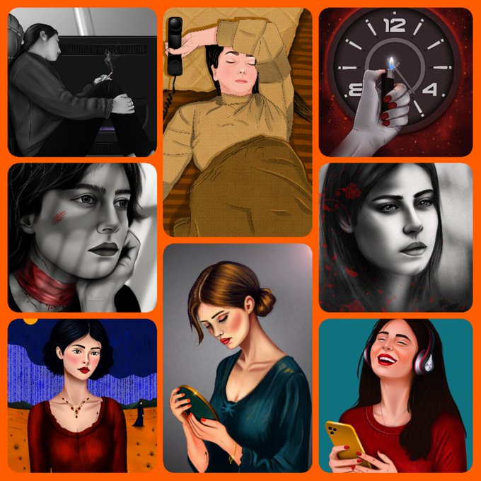 This 3x3 grid collage features nine illustrations of women in diverse scenes, including smoking, sleeping, and using smartphones, with a clock visible in the top right panel, beneath the text "GM & Happy #tezostuesday QT yours".