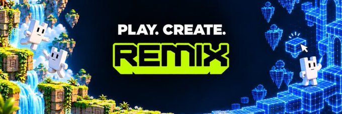 A promotional banner reading 'PLAY. CREATE. REMIX' featuring pixelated white characters against a backdrop of lush green waterfalls and blue digital grid blocks.