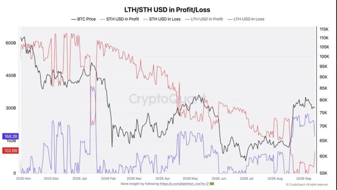 The image is a CryptoQuant chart titled "LTH/STH USD in Profit/Loss" tracking Bitcoin from November 2025 to September 2026, showing BTC price hovering around $70-75K alongside short-term holder (STH) and long-term holder (LTH) profit/loss metrics, with STH profit at $158.2B and LTH profit at $102.6B.

The chart visually supports the post's claim about a bear market cycle ending, as the BTC price line shows consolidation near the $80K range (matching the described "absorption" zone) while the STH USD in Profit metric remains elevated, suggesting the shift in sentiment among short-term holders that Darkfost identified as a late-cycle signal.