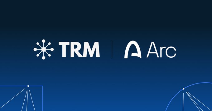 A dark blue graphic displaying the white logos of 'TRM' and 'Arc' side by side with geometric design elements.
