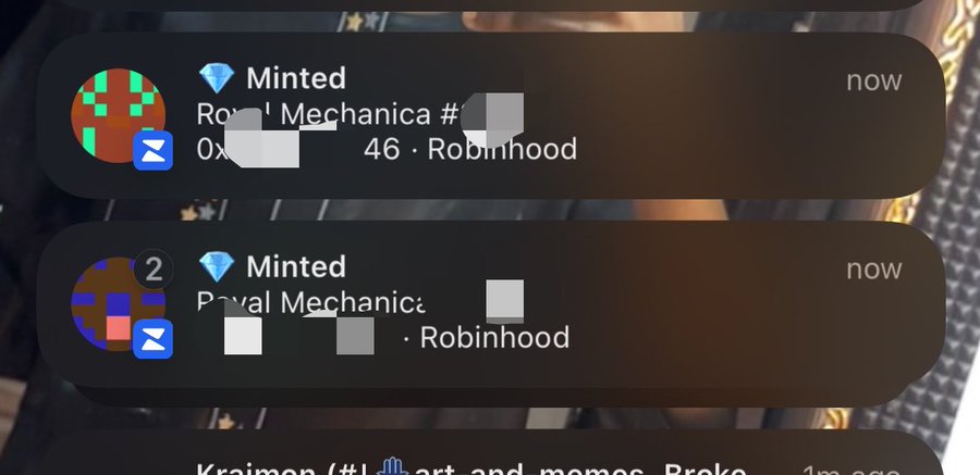 Mobile phone notifications showing two NFT minting alerts from Robinhood for 'Royal Mechanica' items, both timestamped 'now'.