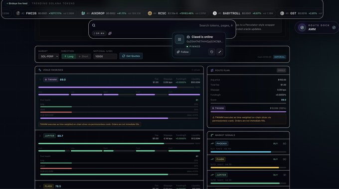 The image shows a screenshot of a computer program's status bar, which displays information about the progress or activity on the computer system. The focus is on the @solana lobster being busy percolating (spinning) on social media platforms like Twitter, with users actively sharing and reacting to its tweets related to the #solana lobsters.