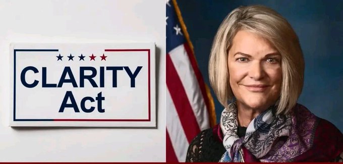 The image shows Senator Cynthia Lummis alongside a "CLARITY Act" logo featuring red and blue stars, promoting legislation that has garnered support from over 60 crypto industry leaders and could help establish clear regulations for digital assets like XRP.