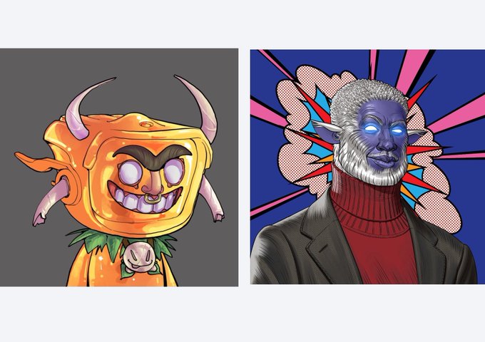 The image features two NFT character artworks side by side—a mischievous orange creature with horns on the left and a sophisticated figure with white hair and glowing blue eyes on the right—both displayed against colorful backgrounds. These illustrations represent the art styles from two NFT projects, @theiconsart and @OriginalBlokyz, that the poster is closely monitoring and praises for their cute, distinctive aesthetics as the teams "take their time to build."