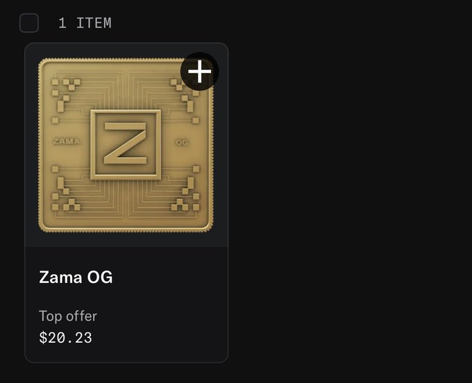 A digital collectible marketplace listing showing a single 'Zama OG' NFT item with a top offer of $20.23.