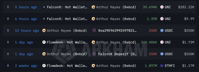 A cryptocurrency transaction history showing various token transactions involving 'Arthur Hayes (0x6cd)' with transactions in UNI, USDC, and ETHFI tokens across Flowdesk and FalconX exchanges.