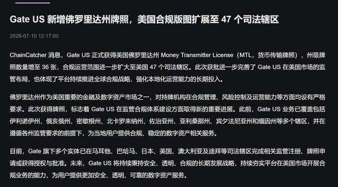 A Chinese news article dated 2026-07-10 about Gate US obtaining a Florida Money Transmitter License (MTL), expanding its compliant operations to 47 US judicial districts.