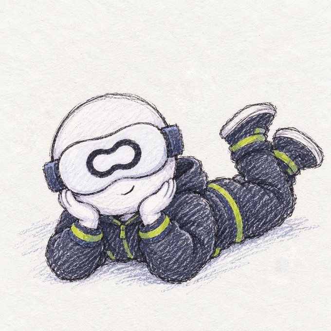 A hand-drawn pencil and colored pencil illustration of a cute round robot character wearing VR goggles, lying on its stomach with hands under its chin and feet kicked up playfully.