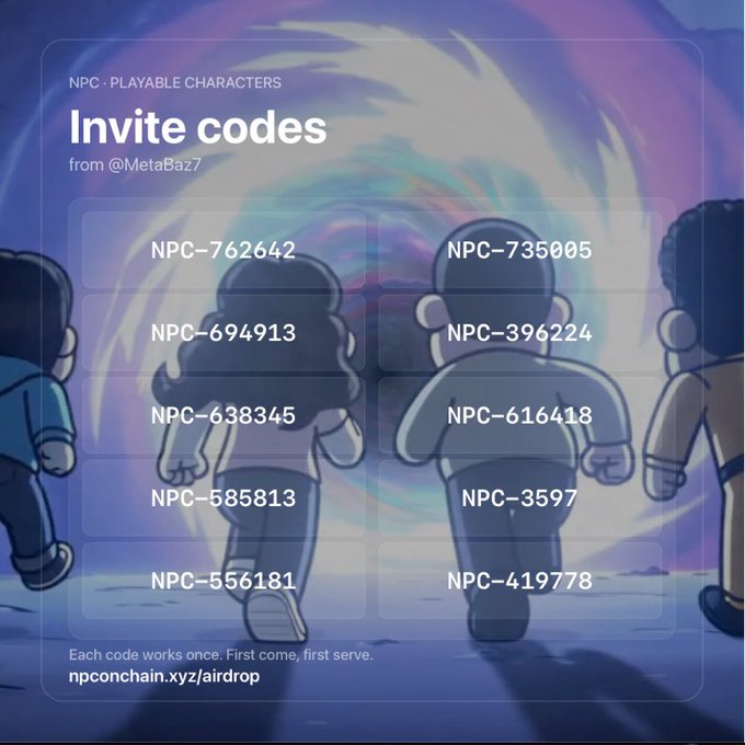 An airdrop promotion graphic titled 'Invite codes' from @MetaBaz7 featuring cartoon characters walking into a portal, displaying 10 NPC invite codes such as NPC-762642 and NPC-735005, with the URL npconchain.xyz/airdrop.