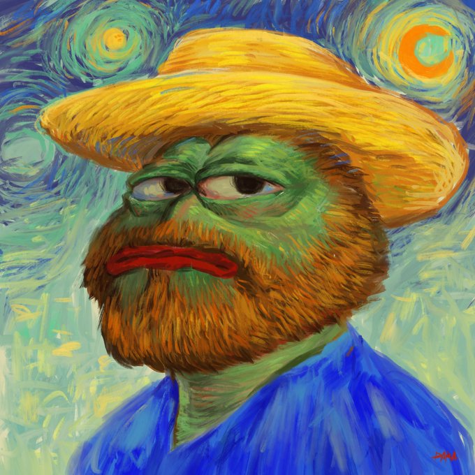 The image features a man with a beard wearing a straw hat, painted by an artist named Peepoe Goggh. The painting depicts the man as a frog or a green pea, which adds a whimsical and surreal touch to the artwork. The post is tagged with the hashtag #pepegoggg, indicating that it is related to this particular piece of art.