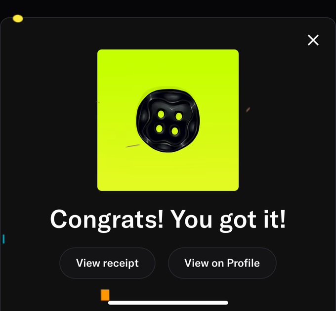 A mobile app screen shows a green and black circular item with the text 'Congrats! You got it!' along with 'View receipt' and 'View on Profile' buttons.
