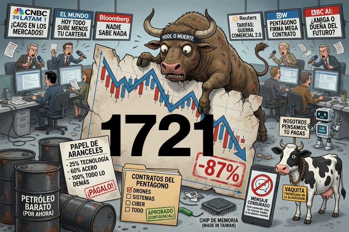 A satirical Spanish-language illustration depicting financial chaos with news headlines (CNBC, El Mundo, Bloomberg, Reuters, DW, BBC AI) and a bull wearing a 'HODL MUERTE' cap standing on a chart showing '1721' and '-87%', referencing market crashes, Pentagon contracts, and cheap Taiwanese chips.