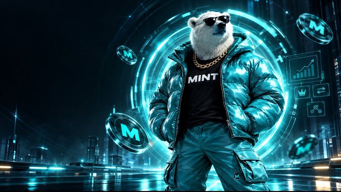 A stylized digital illustration of an anthropomorphic polar bear wearing sunglasses, a gold chain, a turquoise puffer jacket, and a black shirt with 'MINT' printed on it, set against a futuristic neon cityscape background.