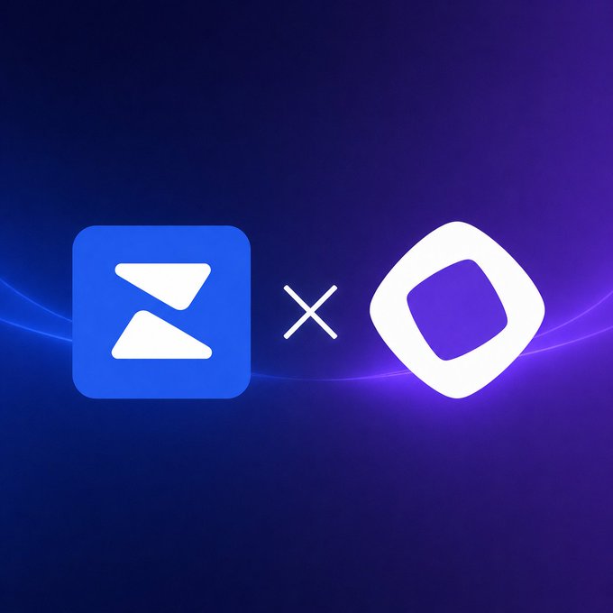 A digital graphic displays the ZetaChain logo next to an 'X' symbol and another blockchain logo on a purple gradient background, indicating a partnership.